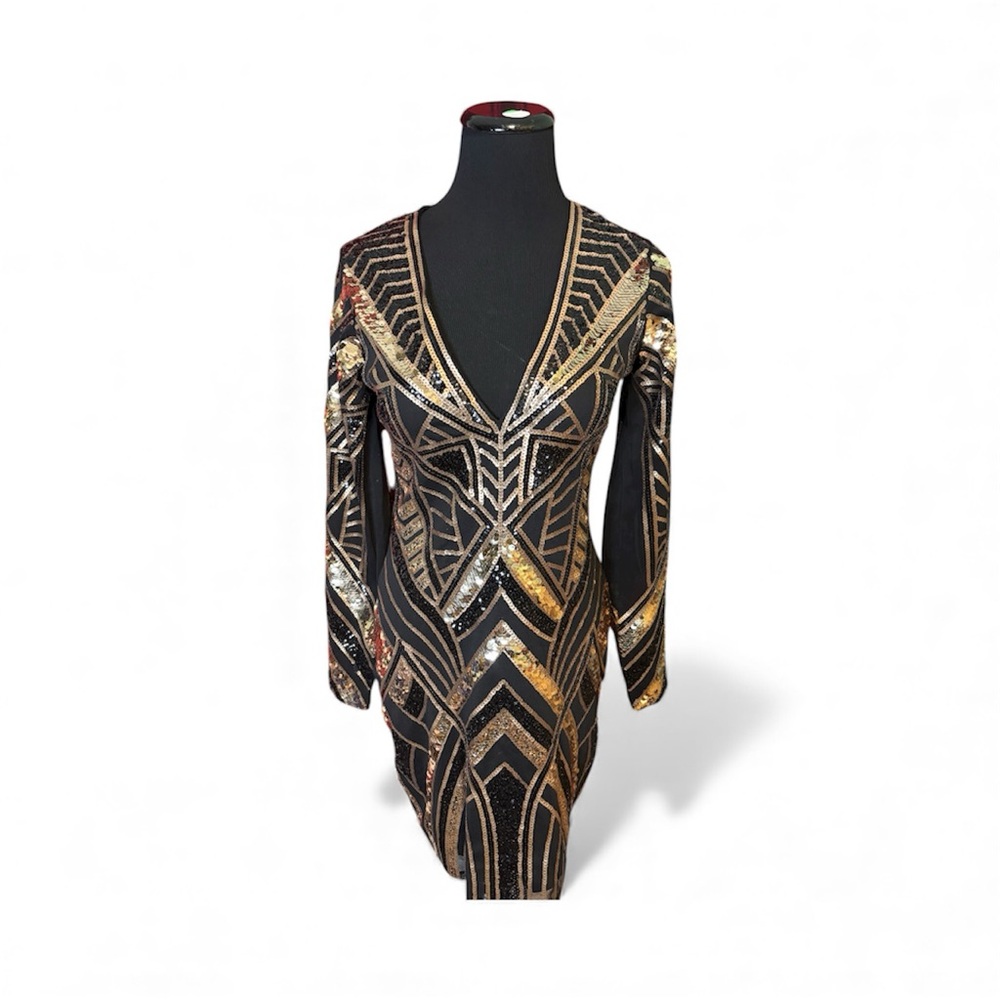 Express Black and Gold Sequin Long Sleeve Dress